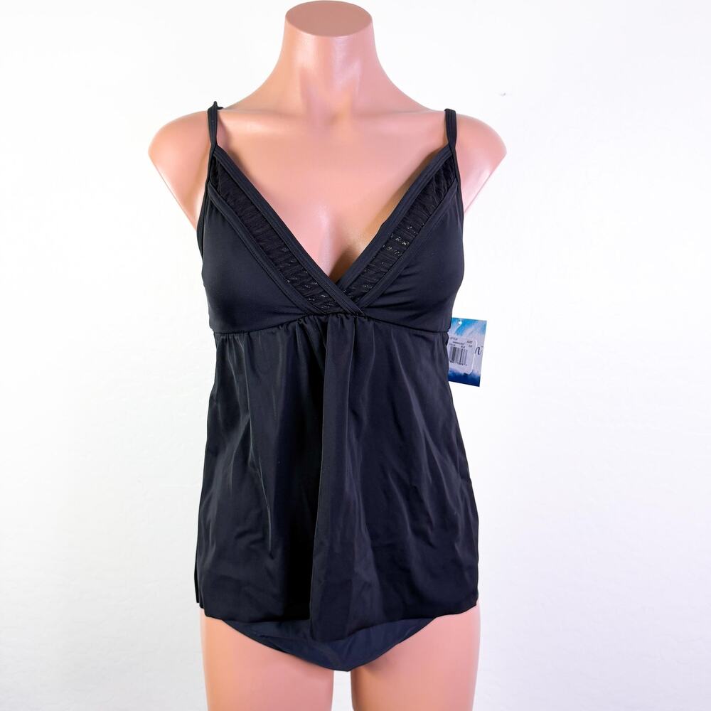 American Beach Plunge Neck Tankini Top Swimwear Swimsuit Sea Black Large NWT